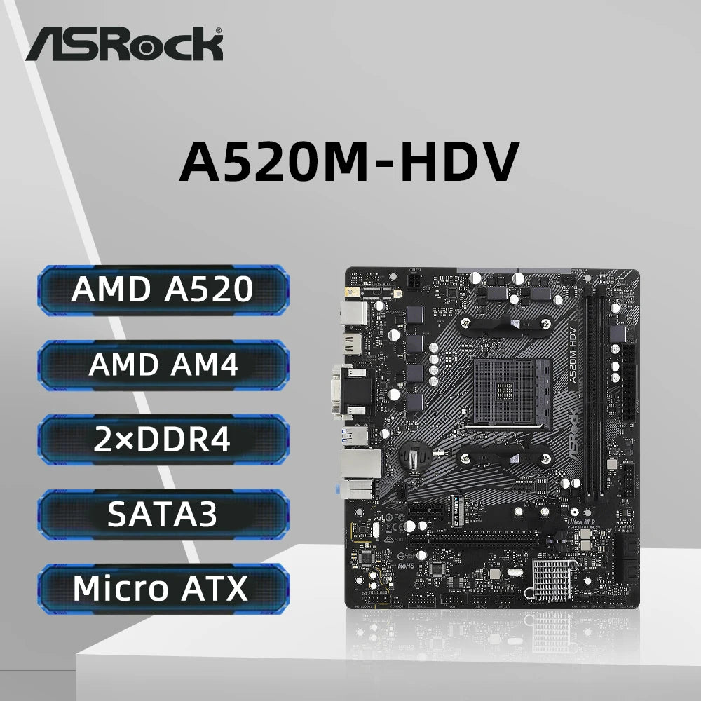 ASRock A520M-HDV Motherboard Support Ryzen 5600 5600G R7 5700X3D 5800X CPU AM4 Socket DDR4 4733MHz 64GB NVME PCIE mATX