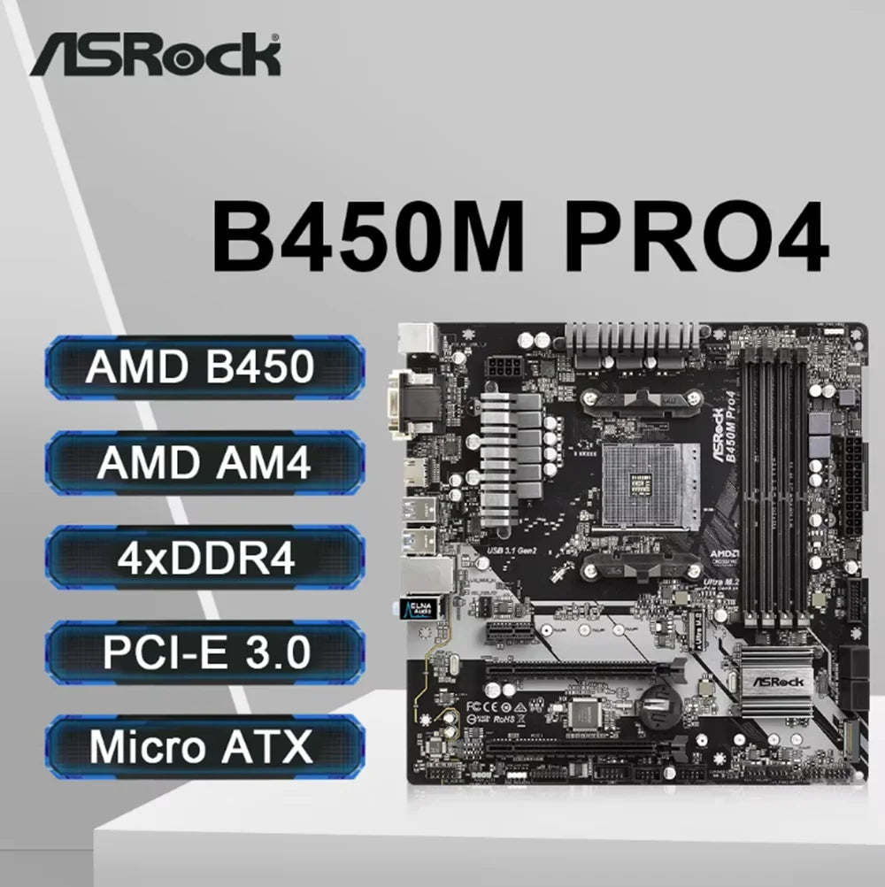 ASRock B450M PRO4 Motherboard AMD B450M DDR4 Memory AM4 Mainboard NVME  mATX (Supports Ryzen 5600 R7 5700X3D CPU) Free Fast Shipping