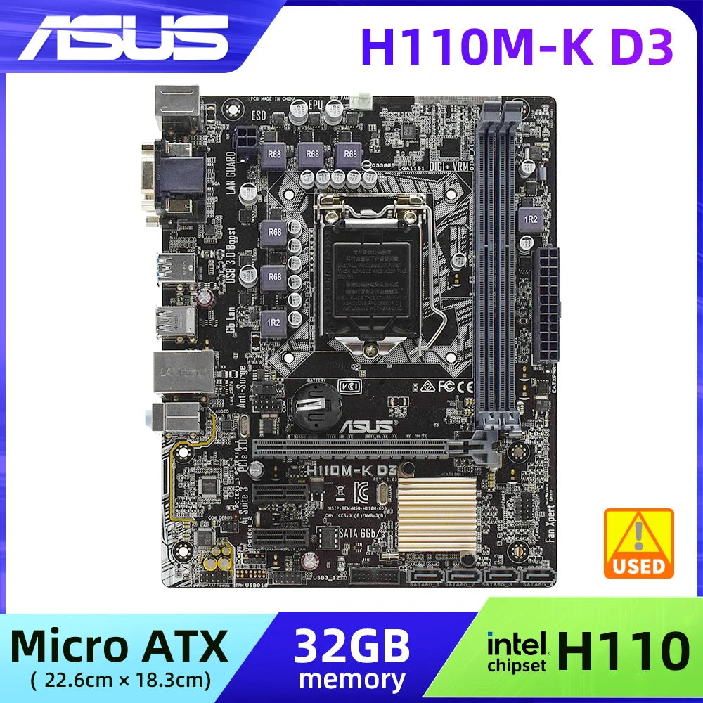 StoneTaskin Original ASUS H110M-K D3 Motherboard intel H110 LGA 1151 DDR3  32GB support Core i3-6300 7320 6600 6700 G4500T 7500 7600 cpu Micro ATX