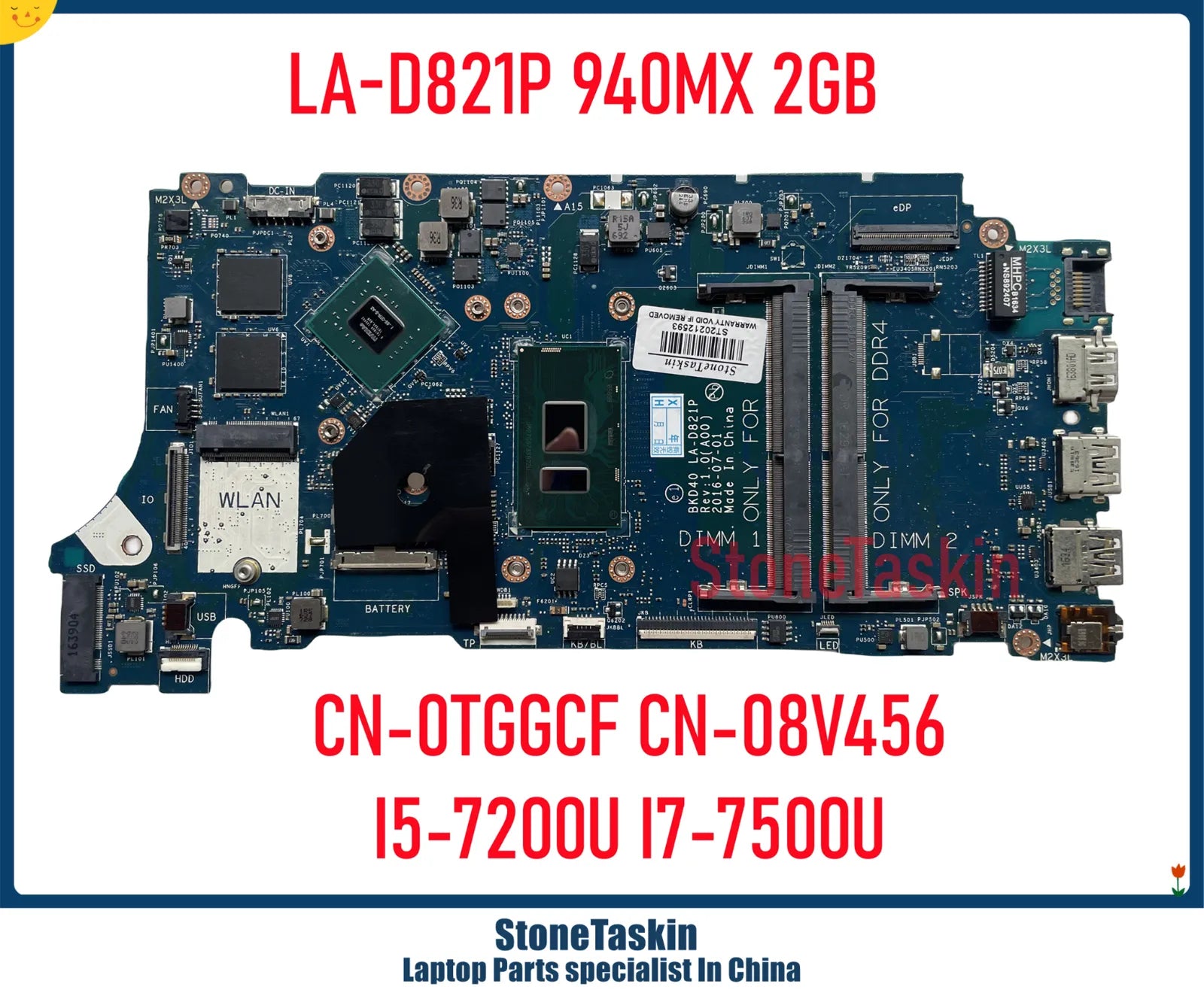 StoneTaskin TGGCF CN-08V456 For Dell Inspiron 7460 7560 Vostro 5468 5568  Laptop Motherboard LA-D821P I5-7200U I7-7500U 940MX 2GB