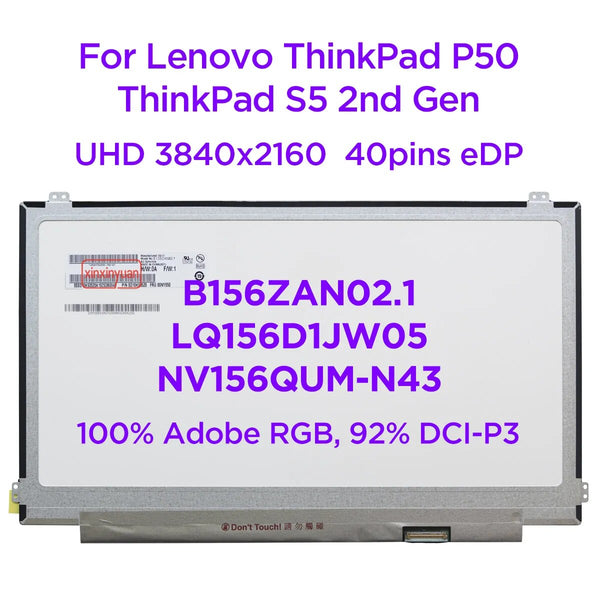 StoneTaskin 15.6" Laptop LCD Screen B156ZAN02.1 LQ156D1JW05 NV156QUM-N43 For ThinkPad P50 S5 2nd Gen 00NY498 00NY650 UHD4K 3840x2160 40pins