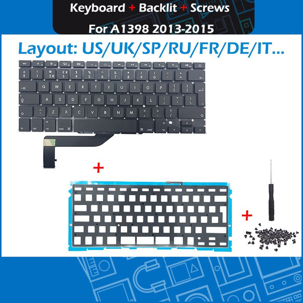 StoneTaskin Wholesale 2013 2014 2015 Laptop A1398 Keyboard Backlight Backlit Screws For Macbook Pro Retina 15" A1398 Keyboards 6 Month Warranty