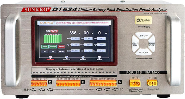 SUNKKO D1524 15A 24S Battery Equalizer & Analyzer with Touch Screen and Two Equalization Modes, Intelligent Voltage Monitoring & Controlling System Battery Voltage Balancer for Lithium Battery Pack