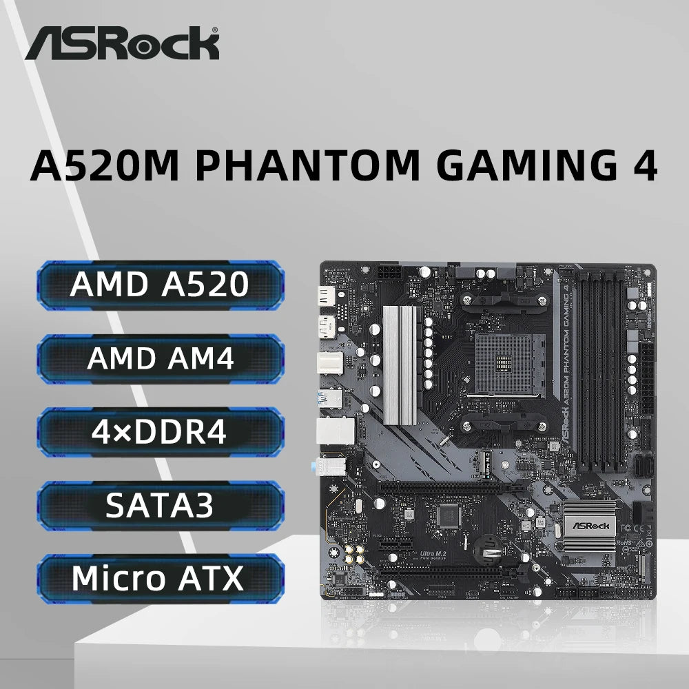 ASRock A520M PHANTOM GAMING Motherboard Support 5600G 5700X3D 5800X3D CPU  4xDDR4 4733MHz NVME PCIe mATX AM4 Mainboard