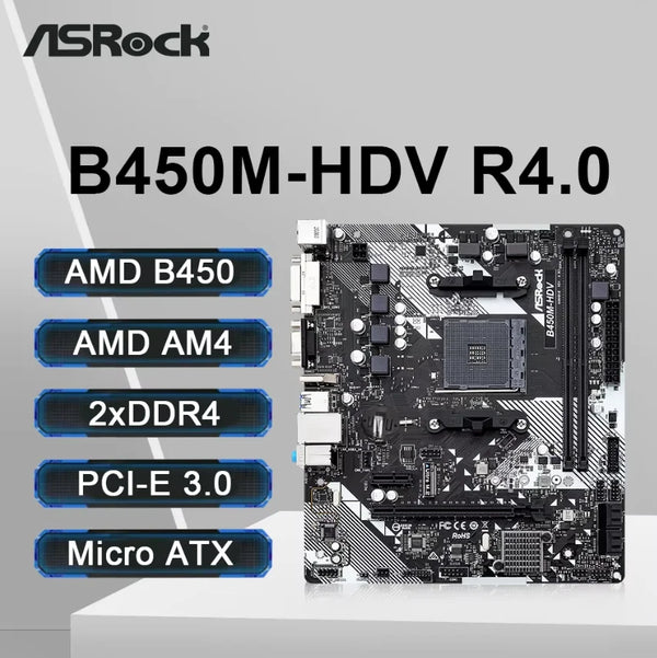 ASRock B450M-HDV R4.0 Motherboard 2xDDR4 DIMM Memory M.2 NVME SATA3 AM4 Motherboard Supports Ryzen 5 5600 5600G R7 5700X3D CPU Free Fast Shipping