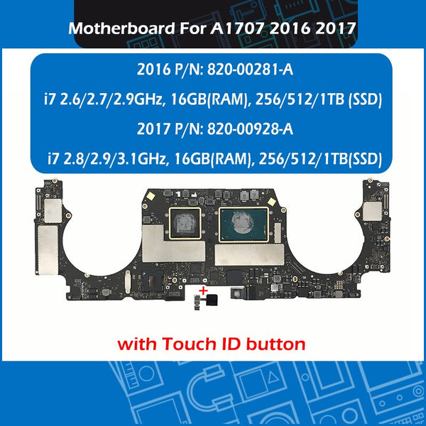 Original Laptop A1707 Logic Board Motherboard 820-00281-A 820-00928-A For Macbook Pro Retina 15" Touchbar 16GB 2016 2017