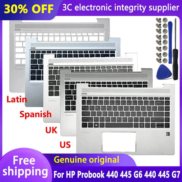 StoneTaskin Original New US UK Spanish LA Keyboard For HP Probook 440 G6 445 G6 440 G7 445 G7 Laptop Palmrest Top Case Cover with Backlight Fully Tested Free Shipping