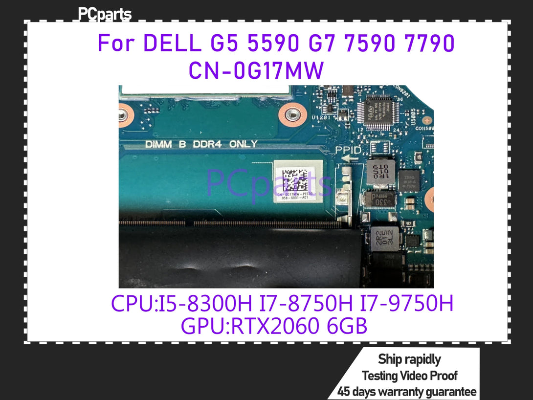 PCparts Refurbished For Dell G5 5590 G7 7590 Laptop Motherboard CN-0G17MW I5 I7-8th I7-9th CPU RTX2060 6GB GPU MB 100% Tested
