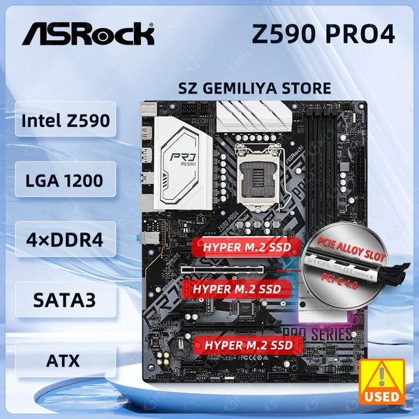 ASRock  Z590 Pro4 Motherboard  Z590 motherboard LGA 1200 for Intel 10th/11th Gen 10900K 11700K PCIe 4.0 DDR4 128GB 3xM.2 ATX Good Condition Fully Tested Free Shipping