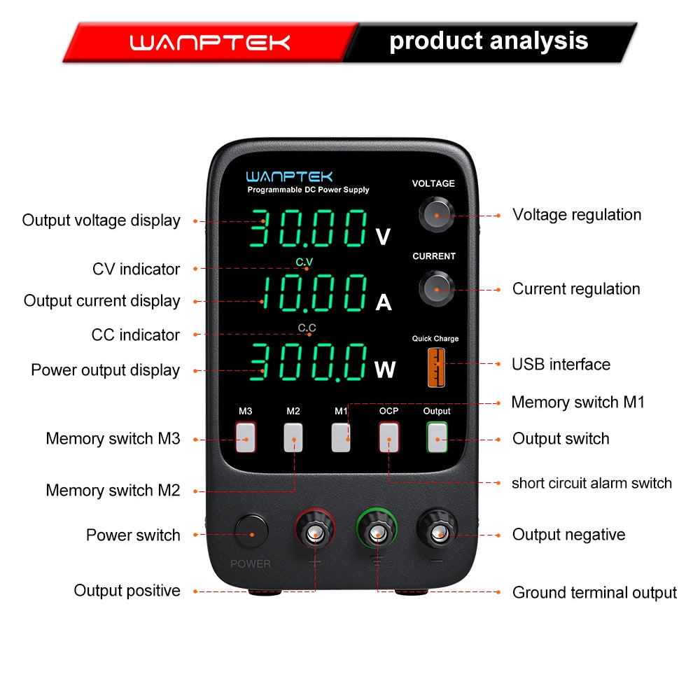 StoneTaskin Wanptek Adjustable DC Power Supply 30V 10A Lab Programmabl
