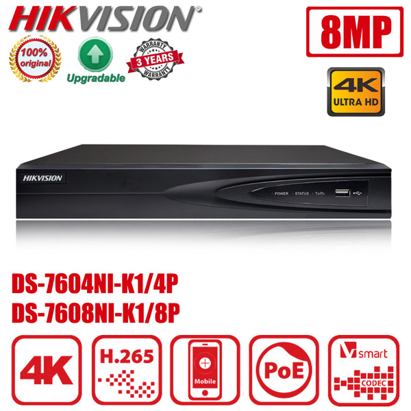 Original Hikvision DS-7604NI-K1/4P DS-7608NI-K1/8P 4/8CH 1U 4/8PoE 4K NVR H.265+ Plug and Play Network Video Recorder