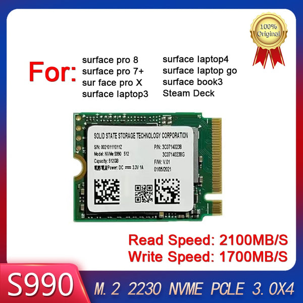 Original S990 1TB 512GB 256GB M.2 NVMe 2230 PCIe3.0x4 SSD Internal SSD 3.3V 1A for Microsoft Surface Pro 7+ 8 Steam Deck