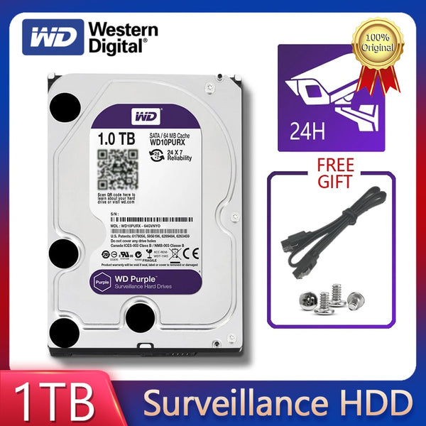 WD Purple 1 ТБ жесткий диск для видеонаблюдения SATA III 64 м 3,5 "HDD HD жесткий диск для системы безопасности видеорегистратор DVR NVR CCTV 