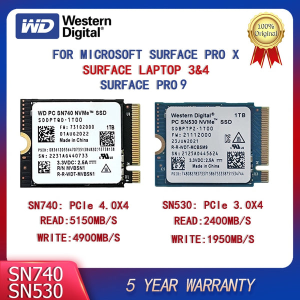 Western Digital WD SN740 SN530 M.2 2230 SSD 1TB 2TB 512GB NVMe para Microsoft Surface Pro X Surface Laptop 3 Surface Pro9 
